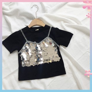 Girls short-sleeved T-shirt cotton 2019 New girls baby casual sequins half sleeve t fashionable fake two-piece top childrens clothing