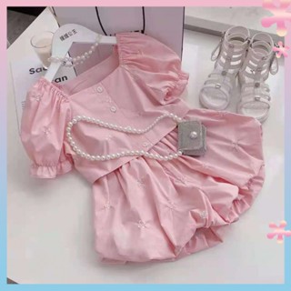 Girls online Red foreign style suit childrens 2022 summer new bubble sleeve short-sleeved shorts two-piece casual summer suit