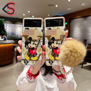 Lushuo เคสโทรศัพท์มือถือ PC ลายการ์ตูนมิกกี้เมาส์น่ารัก พร้อมสายโซ่คล้อง ประดับไข่มุก สําหรับ Samsung Galaxy Z Flip 3 5G and Z Flip 4 Z Flip3 ZFlip3 ZFlip 3 Z Flip4 ZFlip 4