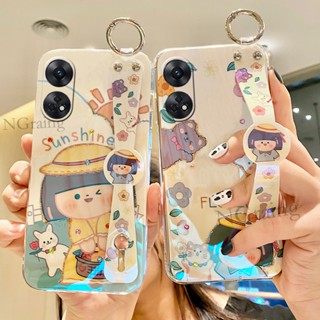 เคสโทรศัพท์มือถือแบบนิ่ม ลายการ์ตูนเด็กผู้หญิง ดวงอาทิตย์ ดอกไม้ ประดับพลอยเทียม พร้อมสายคล้องข้อมือ สําหรับ OPPO Reno8 T 4G 5G Reno 8T