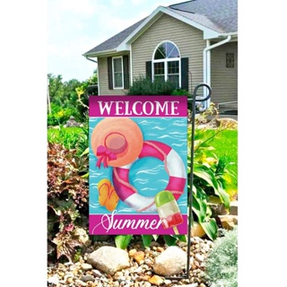 ธงแบนเนอร์ ลาย Welcome Summer Funny สองด้าน สําหรับตกแต่งบ้าน สระว่ายน้ํา