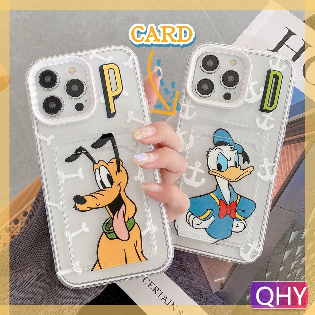 Qhy - เคสโทรศัพท์มือถือแบบใส หนา กันกระแทก ลายสุนัข เป็ดน่ารัก สีเหลือง พร้อมช่องใส่บัตร สําหรับ iphone 15 6 6s 7 8 plus XR xs 11 12 14 13 pro max 2 in 1