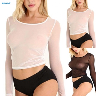 【HODRD】Tops Womens Mesh White/Black Long Sleeve Round Neck See Through Sexy Spandex【Fashion】