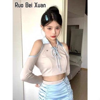 RUO BEI XUAN เสื้อยืดผู้หญิง 2023 ใหม่แฟชั่นสไตล์เกาหลีสั้นด้านบน