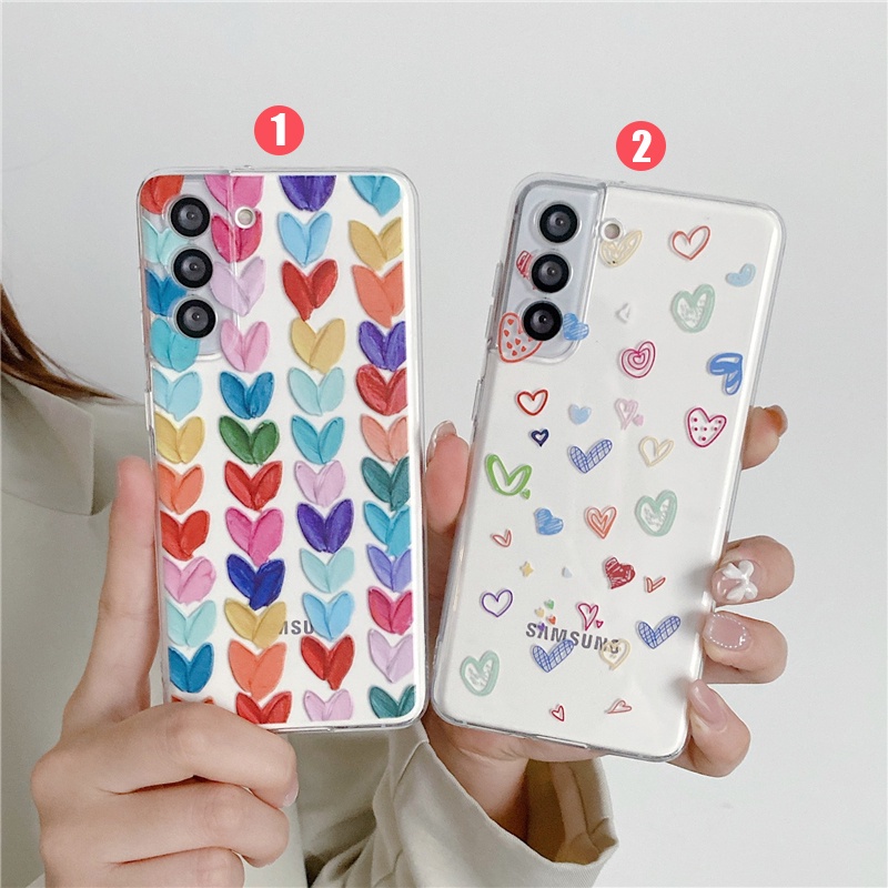 เคสโทรศัพท์มือถือแบบนิ่ม TPU ใส กันกระแทก ลายหัวใจ สวยงาม สีสดใส สําหรับ Samsung S22+ S21+ S20+ Note20 FE Note9 S10 Plus