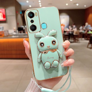 เคสโทรศัพท์มือถือ ชุบไฟฟ้า ลายกระต่ายน่ารัก 360 องศา พร้อมตัวยึดวาง และสายคล้อง สําหรับ Infinix Hot 20i X665C X665E Hot 20 Play X6825