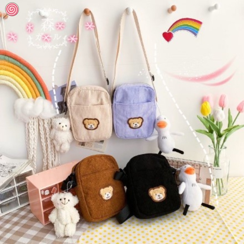 ผู้หญิง Corduroy กระเป๋าผ้าแคนวาสลายการ์ตูนกราฟิก มินิ ทรงสี่เหลี่ยมเล็ก สะพายไหล่/Crossbody นํากลับมาใช้ใหม่ ใช้แทนถุงพลาสติก Eco