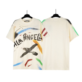 Palm ANGELS---2023 เสื้อยืดแขนสั้น พิมพ์ลายกราฟฟิตี้ ดอกไม้ ภาษาอังกฤษ แฟชั่น สําหรับผู้ชาย และผู้หญิง Y5Jty