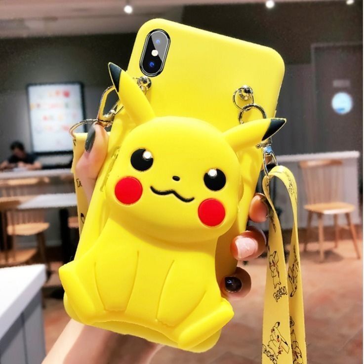 For OPPO Reno 4 5 6 5F 6Z 7Z 8Z Realme 8 C21Y C25Y C11 C20 C21 A16 A54 A94 F9 F11 Pro Cartoon Soft TPU Coin Back Cover Cute 3D Pikachu Wallet Bags Phone Case With Lanyard