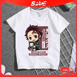 เสื้อยืดแขนสั้น พิมพ์ลายการ์ตูนอนิเมะ Demon Slayer แฟชั่นฤดูร้อน สําหรับเด็กผู้ชาย และผู้หญิง