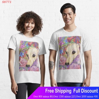 Tshirtคอลูกเรือcrew neckเสื้อยืดกีฬา Shy flower whippet greyhound dog hiding in the garden Essential T-Shirt Mens _02