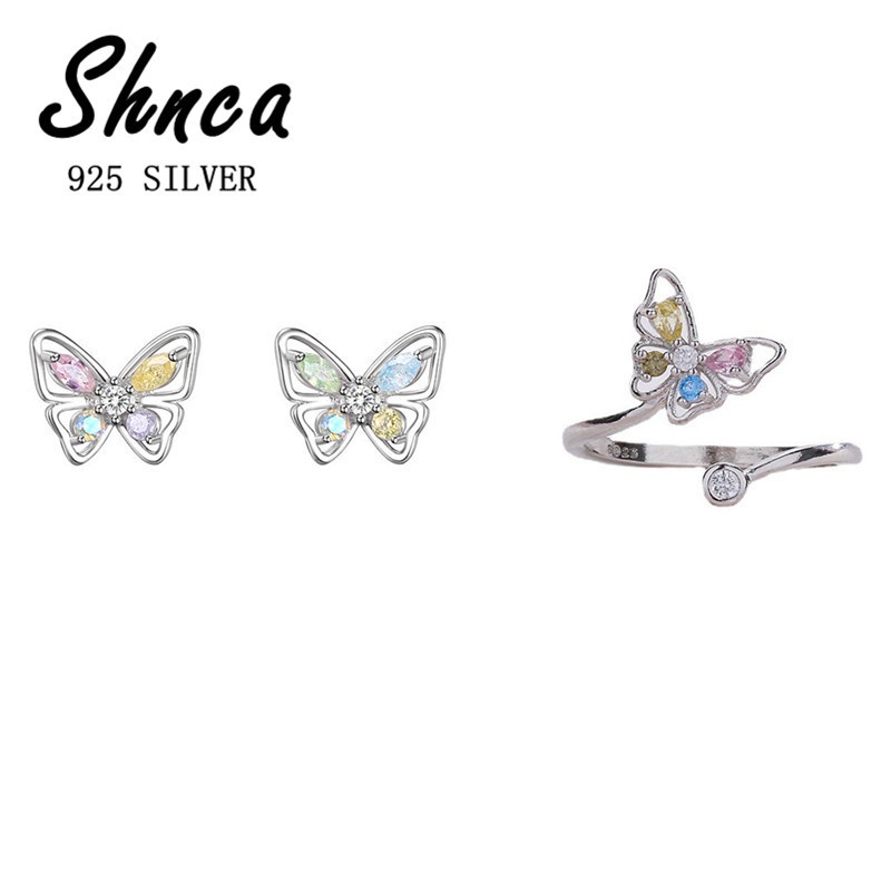 ต่างหูเงินแท้ 925 จี้รูปผีเสื้อ ประดับเพทาย หลากสี หรูหรา เรียบง่าย เครื่องประดับแฟชั่น สําหรับผู้หญ