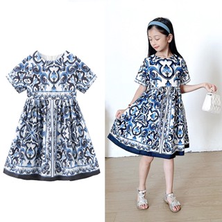 [New in stock] 2023 New girls blue and white porcelain dress sleeveless suspender dress European and American style western style childrens clothing quality assurance LCNC