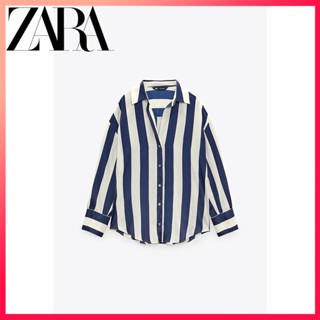 Zara ใหม่ เสื้อเชิ้ต ผ้าซาติน ผ้าไหม ลายทาง ทรงหลวม สําหรับผู้หญิง