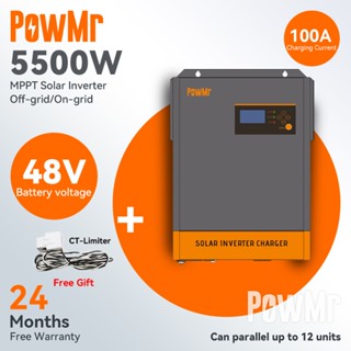 PowMr MPPT 5.5KW Off-grid / On-grid Pure Sine Wave Solar Hybrid Inverter 48Vdc 230VAC ตัวควบคุมการประจุพลังงานแสงอาทิตย์ในตัว 100A MAX PV แรงดันไฟฟ้าขาเข้า 120-500Voc สูงสุด 12 หน่วยในแบบขนาน