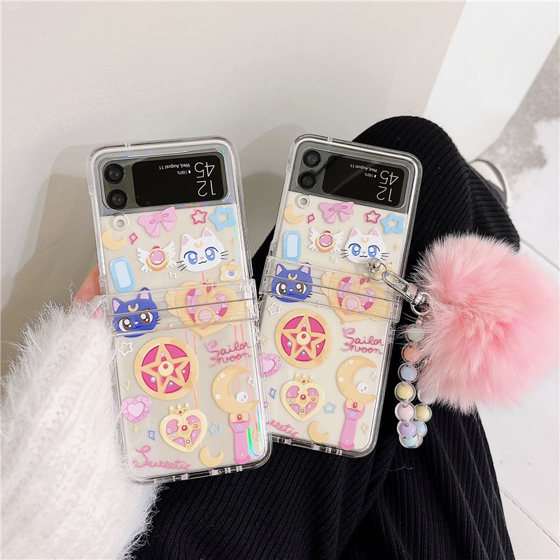 Samsung Galaxy Z Flip7 FE 6 5 4 3 5G PC เคสใสธีมอะนิเมะน่ารักป้ายเซเลอร์มูนปลอกแข็งใสจี้รวมทุกอย่างกันกระแทก Creative Full Cover