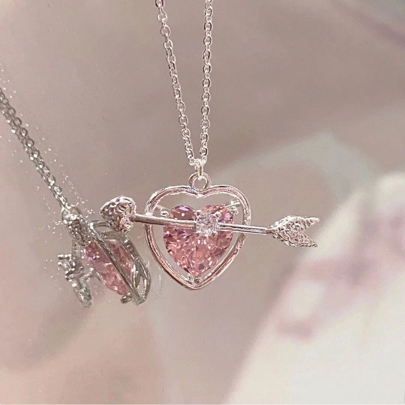 AY สร้อยคอโชคเกอร์ จี้รูปกามเทพ สีชมพู ประดับเพชร หัวใจ สีเงิน เครื่องประดับ สําหรับผู้หญิง