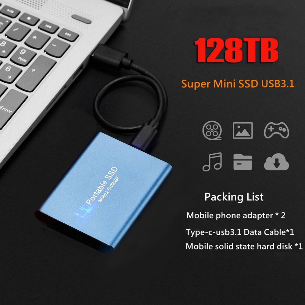 ฮาร์ดดิสก์ภายนอก 1TB 2tb 8tb 16 tb 30 tb 60 tb 128 tb Mini Portable SSD USB 3.1 Type-C ฮาร์ดไดรฟ์ภายนอกความเร็วสูงจัดเก็บข้อมูล Decive สําหรับแล็ปท็อป Mac