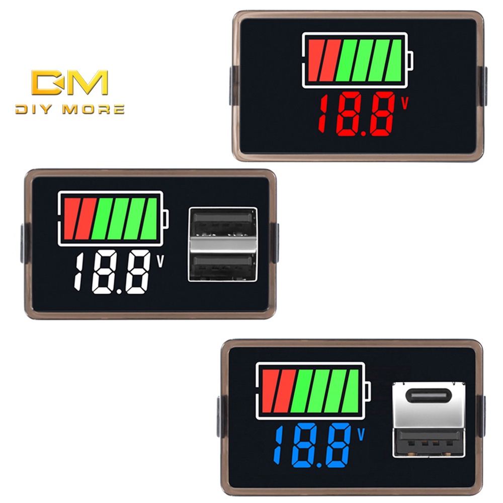 Diymore เกจวัดเชื้อเพลิง USB จอแสดงผลแบตเตอรี่ แบตเตอรี่ลิเธียม จอแสดงผลดิจิทัล DC แรงดันไฟฟ้าบนรถ และมิเตอร์แสดงผลคู่