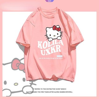 SANRIO เสื้อยืดแขนสั้นลําลอง ผ้าฝ้าย แบบบาง ทรงหลวม พิมพ์ลายตัวอักษร Hello Kitty สไตล์ญี่ปุ่น แฟชั่นฤดูร้อน สําหรับเด็กผู้หญิง [RAIN]