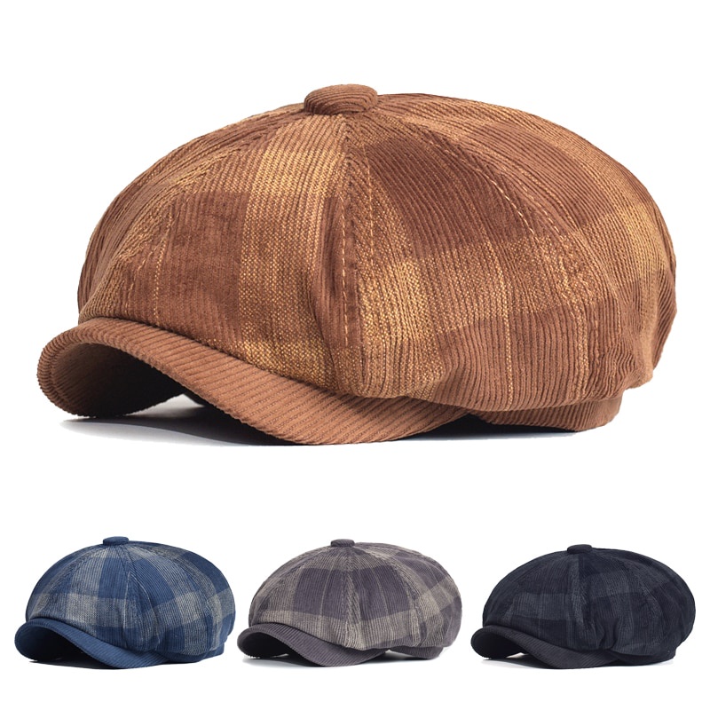 ฤดูใบไม้ร่วงฤดูหนาวลายสก๊อตหนา Newsboy หมวก Corduroy Beret ผู้ชายผู้หญิงอังกฤษ Gatsby Retro หมวกไดร์เวอร์หมวกแบน