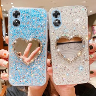 พร้อมส่ง เคสโทรศัพท์มือถือนิ่ม แบบใส ลายหัวใจ ประดับเพชร วิบวับ พร้อมกระจกแต่งหน้า สําหรับ Oppo A78 5G A17 A17K OPPOA78 2023