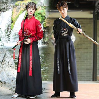 ☾㍿Hanfu ผู้ชายสไตล์จีนสไตล์โบราณศิลปะการต่อสู้นักดาบผู้ชายขนาดใหญ่เด็กผู้ชายชุดโบราณสีดำครอบงำเสื้อผ้าระดับนักเรียนหญิง