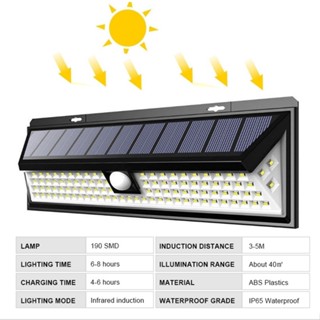 ไฟโซล่าเซลล์ 190 LED หลอดไฟโซล่าเซล โซล่าเซลล์ ไฟหัวเสาโซล่า Solar motion sensor light 4โหมด ไฟออก3ทาง พลังงานแสงอาทิตย์ ไฟติดผนังโซล่าเซลล์