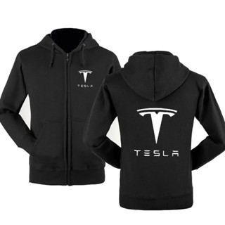 เสื้อแจ็กเก็ตโปโล มีฮู้ด แต่งซิป ลายโลโก้ Tesla Distro สําหรับผู้ชาย และผู้หญิง