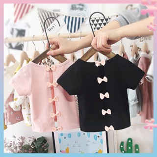 2023 Summer new childrens western style top childrens half sleeve summer girl baby bow solid color T-shirt