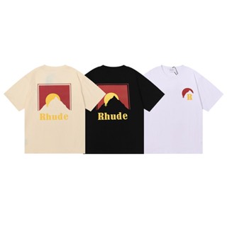 Rhude เสื้อยืดแขนสั้น ผ้าฝ้าย พิมพ์ลายดวงจันทร์ สําหรับเด็กผู้ชาย และเด็กผู้หญิง