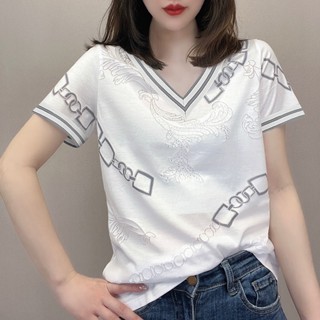 2022 Summer Short Sleeve Cotton T Shirt Korean Style Women Clothes V-Neck Plus Size Top New Fashion Causal Loose Ladies Tee