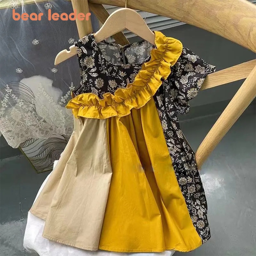 หมีผู้นําชุดเด็กผู้หญิง2024ฤดูร้อนใหม่เวอร์ชั่นเกาหลีของเสื้อผ้าเด็กสาวน้อยหูไม้ขอบชุดดอกไม้3-7ปี