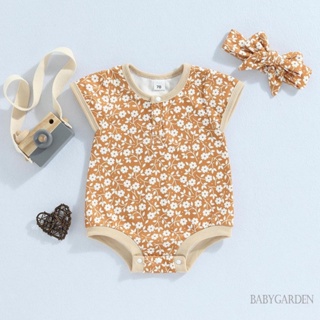 Babygarden-0-24 เดือน ชุดรอมเปอร์ บอดี้สูท คอกลม แขนสั้น พิมพ์ลายดอกไม้ + ที่คาดผม สําหรับเด็กผู้หญิง