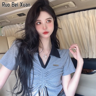 RUO BEI XUAN เสื้อยืดแขนสั้นผูกเชือกผู้หญิงสไตล์เกาหลีใหม่แฟชั่นสลิมเสื้อครอป