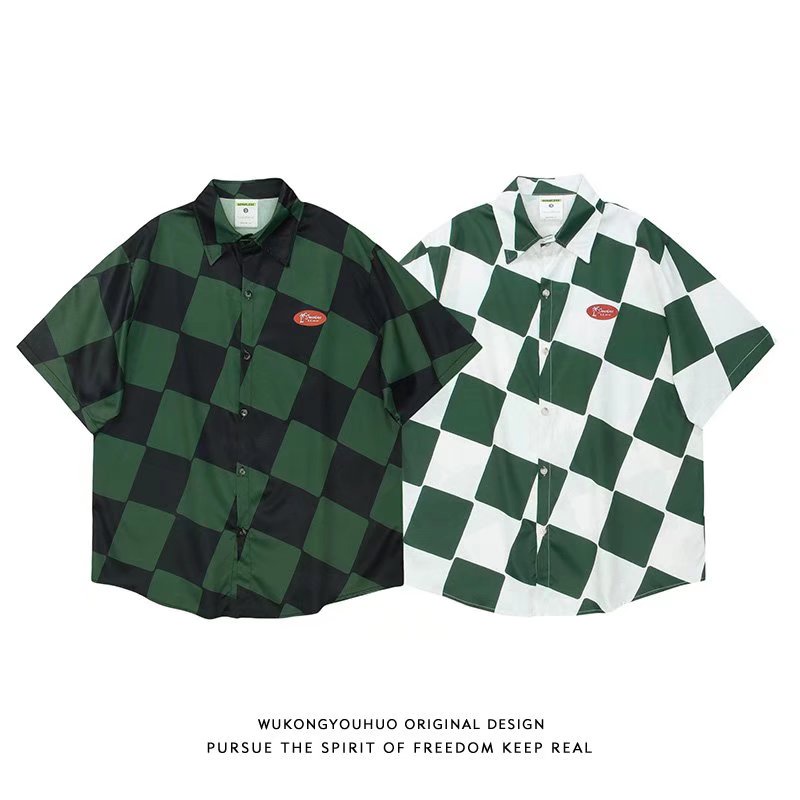 ┇Hawaiian shirt [kin18] plaid style fashion short-sleeved shirt