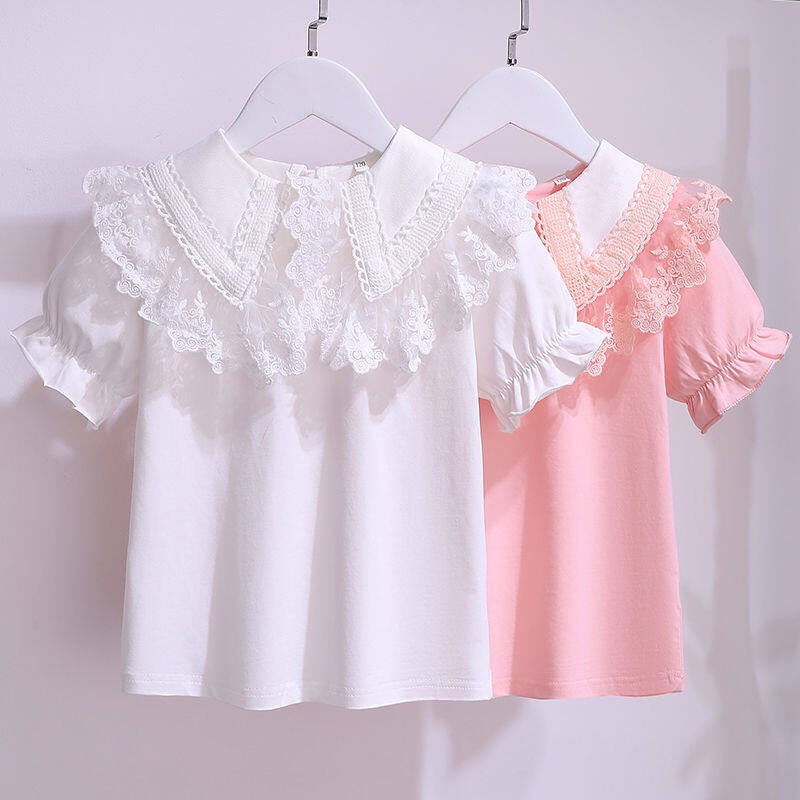 เสื้อแขนสั้น ผ้าลูกไม้ สีพื้น สําหรับเด็กผู้หญิง อายุ 4-14 ปี 110-160 ซม.