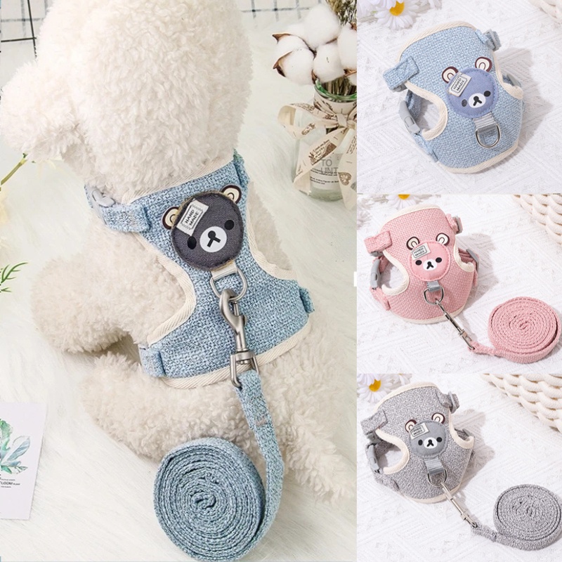 พร้อมส่ง🐱สายจูงสุนัข แมว 1.5เมตร ปักลายการ์ตูนหมีน้อย สัตว์เลี้ยง