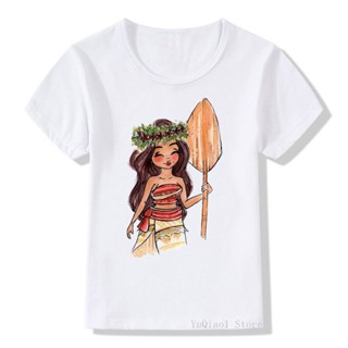 Watercolor moana/snow white princess printed tshirt summer kids clothing top girls clothes white t-shirt children c_03