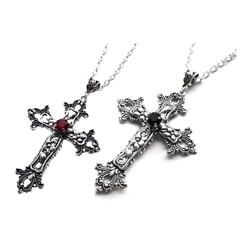 Iny Vintage Baroque Christian Cross สร้อยคอผู้หญิง Man สีเงินคริสตัล Gothic Crucifix สัญลักษณ์ Unisex Jewe