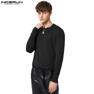 Incerun เสื้อยืด คอกลม ผ้าถัก แบบบาง