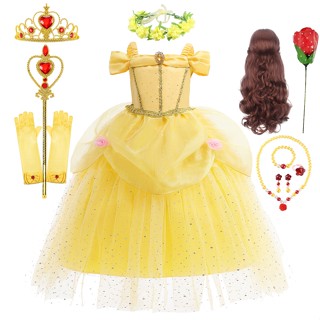 ชุดเดรสคอสเพลย์เจ้าหญิง Belle Dress Beauty And The Beast เปิดไหล่ ปักเลื่อม สีเหลือง สําหรับเด็กผู้หญิง K53