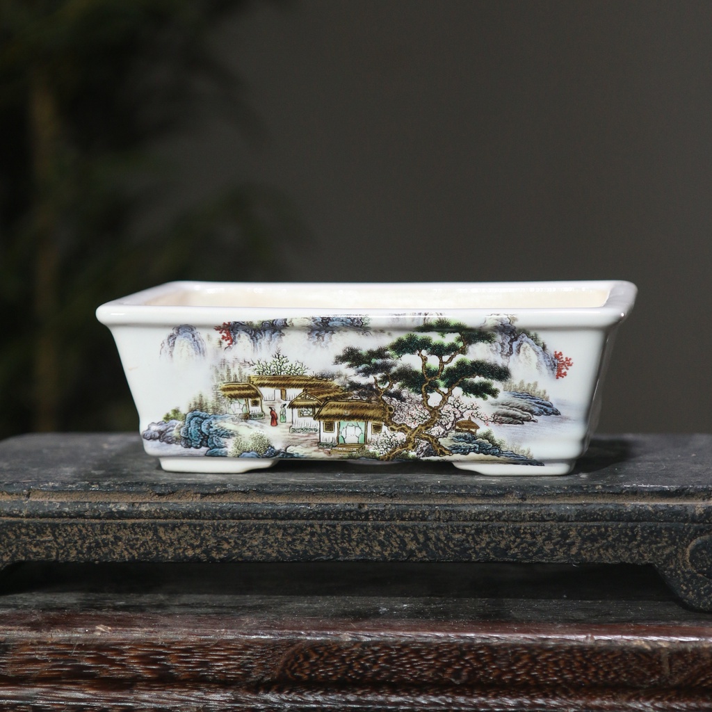 Jingdezhen กระถางดอกไม้เซรามิค ทรงสี่เหลี่ยมผืนผ้า แฮนด์เมด เพ้นท์สี สีม่วง สําหรับบอนไซ