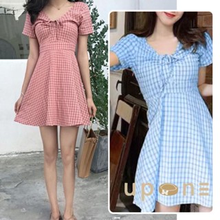 เสื้อผ้าผู้หญิงน่ารักๆ  มินิเดรสกระโปรงสั้น  Mini dress ชุดเดรส คอวี ลายสก๊อต กระโปรงบาน