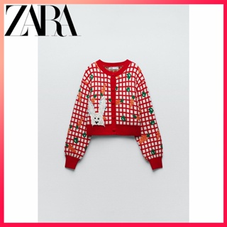 Zara ใหม่ เสื้อแจ็กเก็ตสั้น ผ้าถัก ลายแครอท สําหรับผู้หญิง