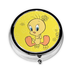 Tweety Bird กล่องยา วิตามิน ทรงกลม แบบพกพา สีเงิน 2.1 นิ้ว สําหรับเดินทาง