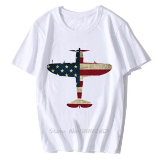 oversize T-shirt เสื้อยืดแขนสั้นลําลอง พิมพ์ลายธง USA P-47 Thunderbolt Aircraft สีขาว สไตล์เรโทร สําหรับผู้ชาย และผู้หญิ