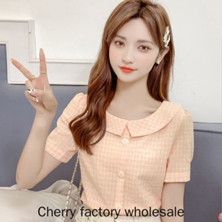ใหม่ เสื้อเชิ้ตแขนสั้น คอตุ๊กตา ลายสก๊อต ขนาดเล็ก แฟชั่นสําหรับสตรี นักเรียน