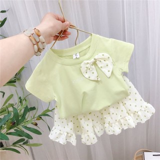 พร้อมส่ง เสื้อยืดแขนสั้น และกระโปรง ลายจุด สองชิ้น สําหรับเด็กผู้หญิง