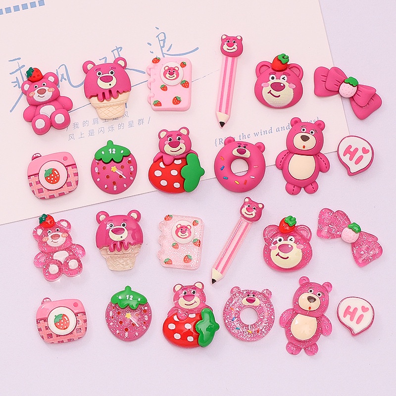 แผ่นเรซิ่น รูปหมีสตรอเบอร์รี่ สําหรับตกแต่งรองเท้า พัดผม Diy